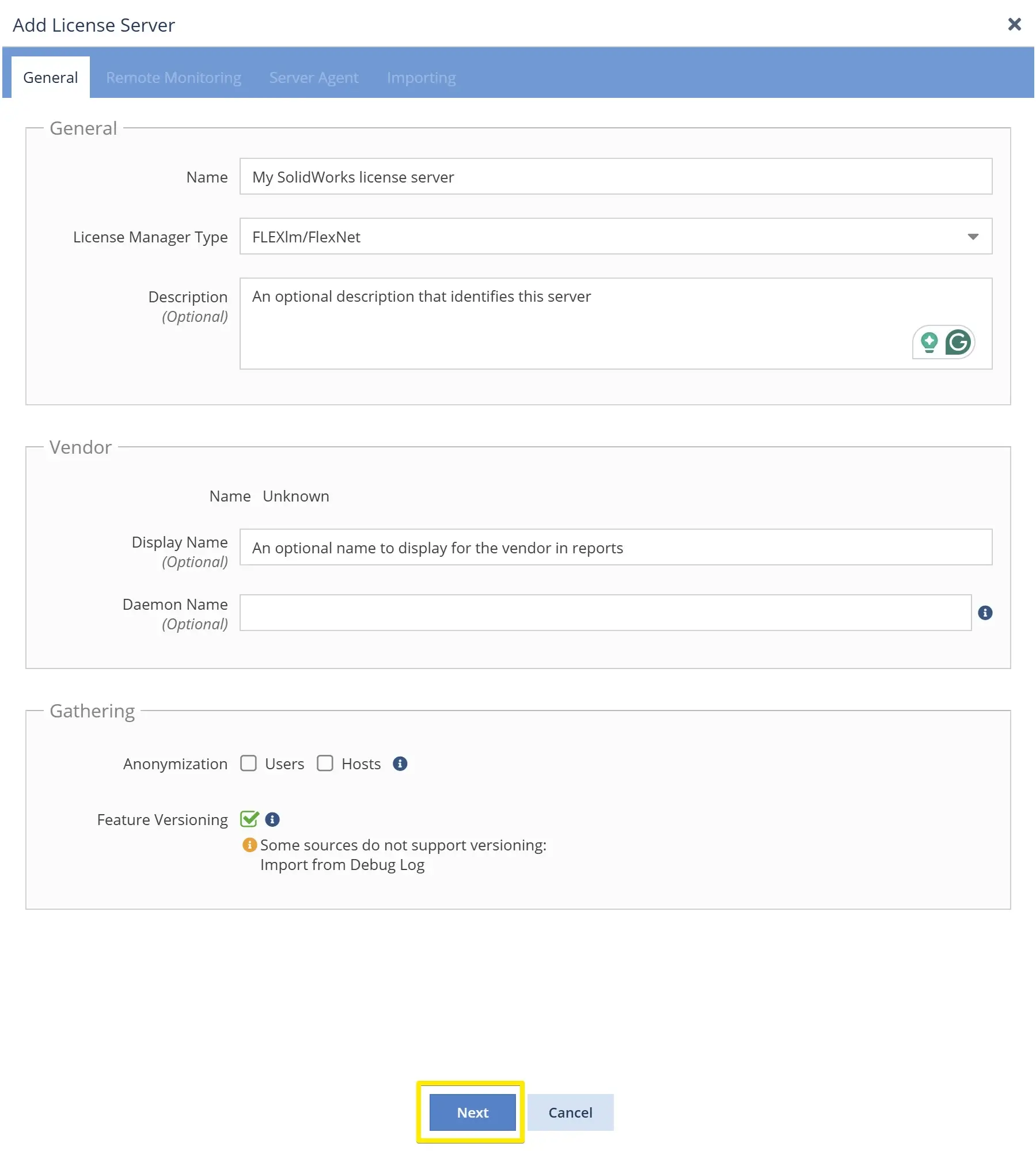 How to set up SolidWorks license usage monitoring - Select remote monitoring